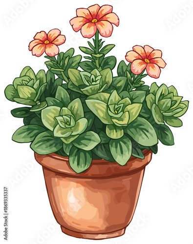 Pixel Art Potted Plant with Vibrant Peach Flowers and Lush Green Foliage