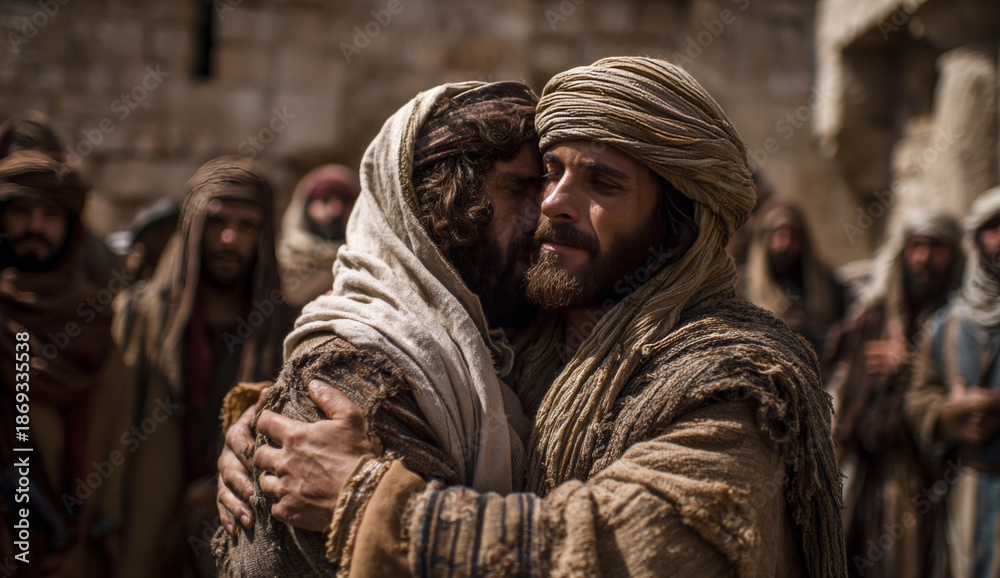 Obraz premium Biblical scene depicting jesus and james embracing in jerusalem with a group of men dressed in ancient middle eastern attire, conveying emotion and connection