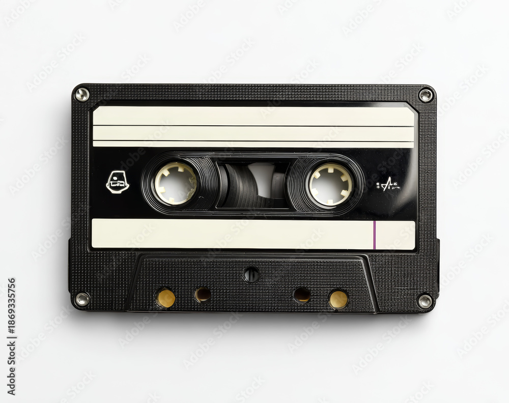 Obraz premium Black analog cassette tape with textured plastic casing and beige reels