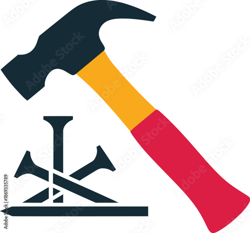 Hammer and crossed nails graphic symbolizes construction work, manual labor, and building projects firmly.
