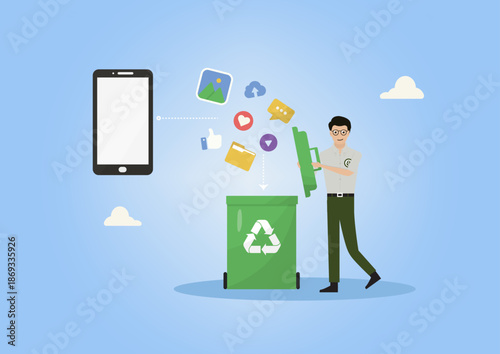 Man Deleting Smartphone Data into Recycle Bin. Man emptying digital files, photos, likes, and messages from smartphone into green recycling bin symbolizing digital cleanup. Vector illustration