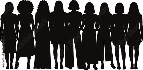 Silhouettes of ten diverse women standing together represent female unity, teamwork, and group portraiture.