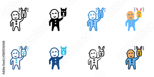 Puppetry icons set multiple style collection. Editable stroke 
