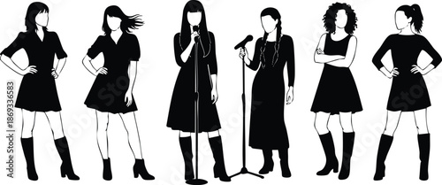Silhouettes of six confident women standing and singing with microphones wearing black dresses and boots in minimalistic vector art style with dynamic poses and varying hairstyles
