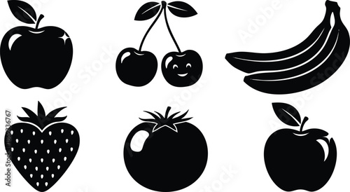 Black silhouette vector icons of apple cherry banana strawberry tomato fruit shapes isolated on white background simple flat design healthy nutrition fresh organic food symbols