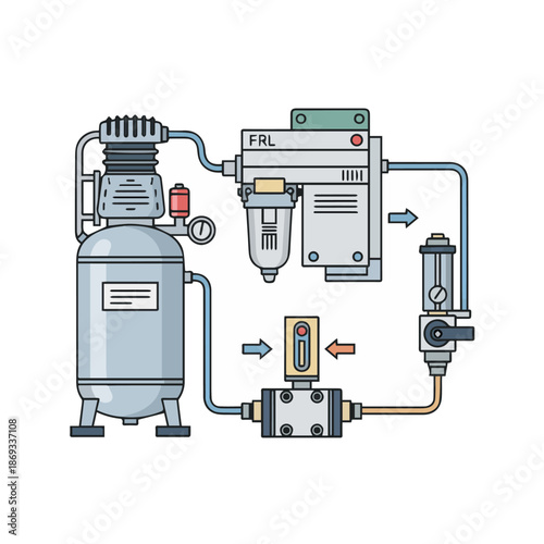 Industrial pneumatic system components diagram illustrating compressed air flow through filters, regulators, and valves