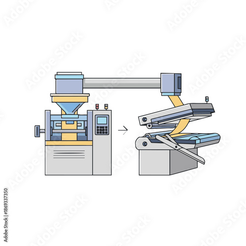 Industrial manufacturing process with robotic arm and injection molding machine