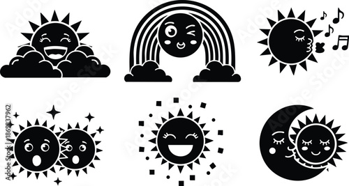 Minimalist vector icons set featuring expressive sun and moon faces communicating emotions smiling singing winking surrounded by clouds stars and rainbow