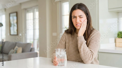 Young woman suffering from toothache and holding a glass of water at home
