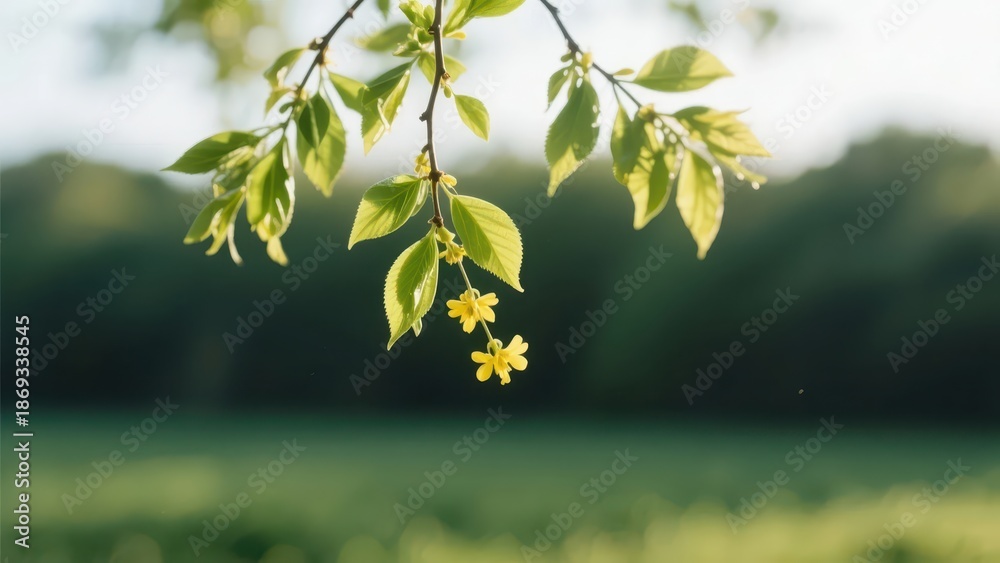 Obraz premium Close-up of a branch in morning light, with tender green leaves and small yellow flowers showing fresh spring natural texture.