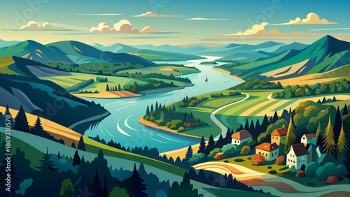 Very beautiful panoramic view of the Danube Bend from Dobogókő, Hungary, revealing winding river curves, forested hills, and tranquil natural scenery shaped by timeless landscapes.