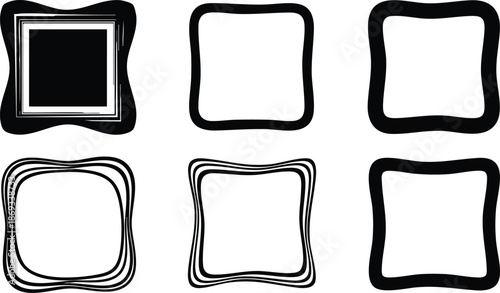 Set of six black creative hand drawn square frames with wavy and layered thin and thick line designs isolated on white background for decorative borders and graphic design elements