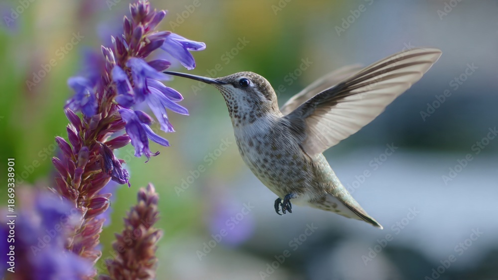 Fototapeta premium Hummingbird and Purple Flowers