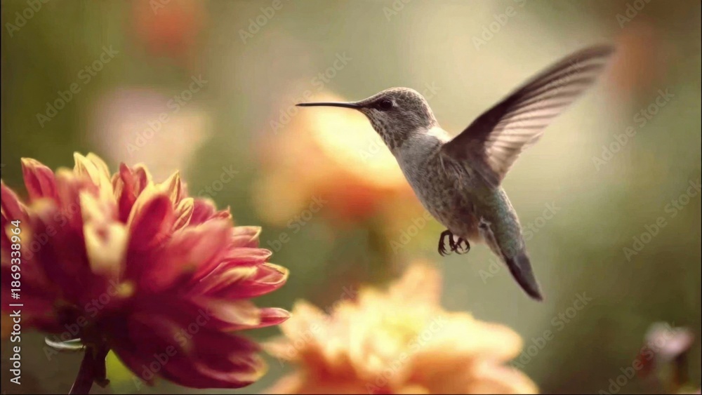 Obraz premium Hummingbird with Dahlia in Bloom