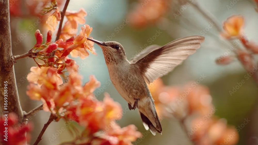Fototapeta premium Hummingbird Feeding on Orange Flowers