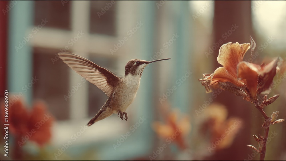 Fototapeta premium Hummingbird hovering by orange flower