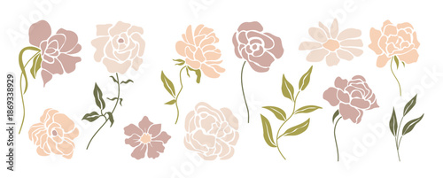 Set of Delicate minimalist floral illustrations in soft pastel tones. Modern flat vector illustrations isolated on transparent background with a romantic aesthetic.
