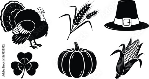 Black and white vector art set including turkey bird pumpkin ears of wheat corn pilgrim hat and clover leaf symbols for autumn harvest and thanksgiving celebration design