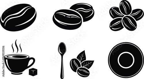 Black coffee bean icons set including single two and multiple beans steaming cup with sugar teaspoon and coffee leaves simple flat style illustrations on white background
