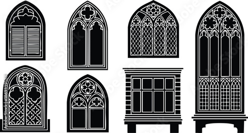 Black and white gothic styled stained glass window silhouettes with intricate floral and geometric patterns collection isolated on white background art design elements