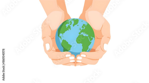 Hands cupping the planet Earth, symbolizing environmental conservation and global responsibility in a modern flat illustration style