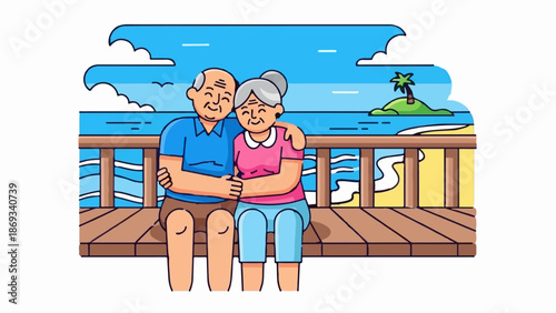 Elderly couple embracing happily on a wooden deck overlooking a serene beach and ocean