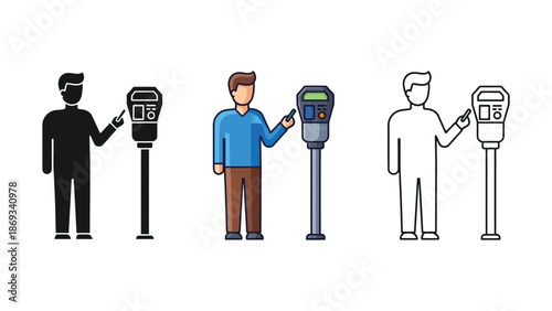 Man paying at a parking meter shown in solid silhouette, color, and outline styles