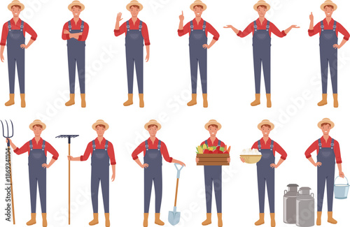 Farmer Character Set with Multiple Poses and Farming Tools Vector Illustration
