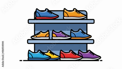 Colorful athletic shoes displayed on multi-tiered shelves, offering a variety of styles