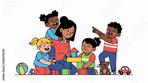 Diverse children and adult building with blocks, playing happily