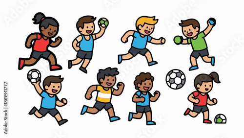 Diverse children running and playing with various sports balls in cartoon style
