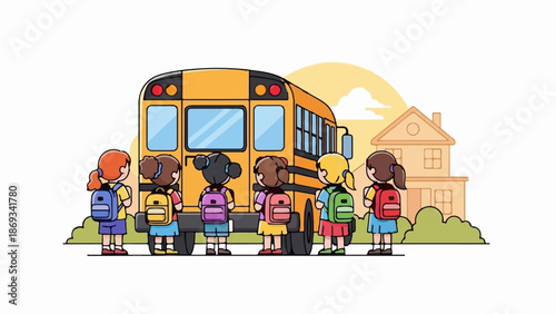 Diverse children wait for school bus outside building