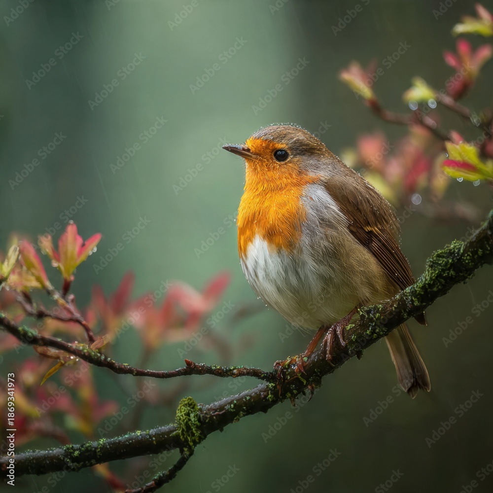 Fototapeta premium Robin perched on mossy branch in the rain