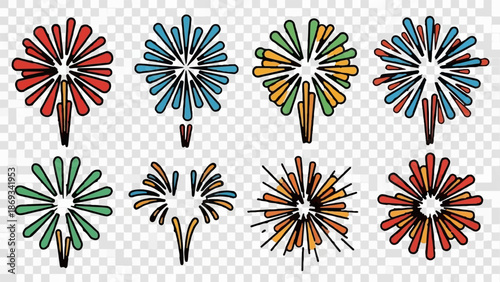 Diverse colorful fireworks illustrations for festive celebrations