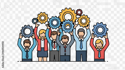 Diverse team raising gears upwards, symbolizing collaboration and synergy for success