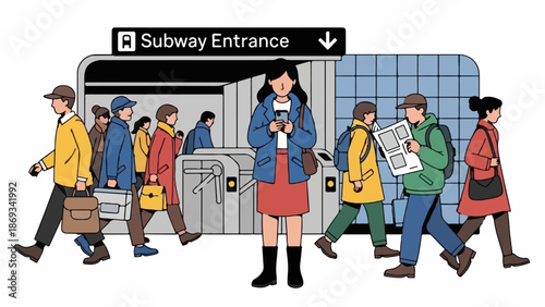 Diverse crowd entering subway, one person checks phone
