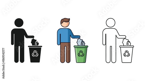 Set of three icons showing a person throwing trash into a recycling bin in solid, color, and outline styles
