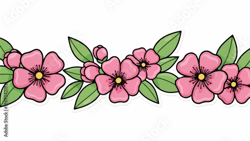 Delicate pink flowers with green leaves form a floral border on a white background