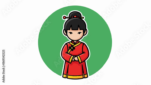 Cute cartoon child in traditional red attire against green backdrop