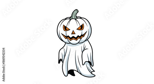 A spooky and fun cartoon illustration of a ghost with a carved pumpkin for a head, perfect for Halloween-themed designs and decorations.