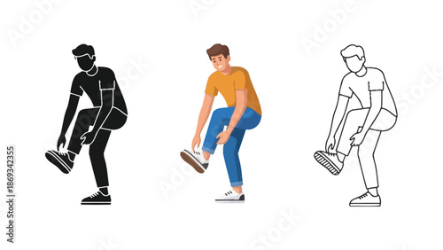 Young man tying his sneaker shoelaces while standing in color, silhouette, and outline styles