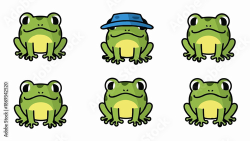 Cute cartoon frogs with one wearing a blue hat