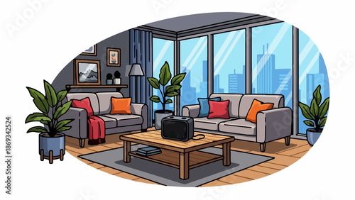 Cozy living room with city view, plants, and modern furniture