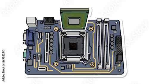 Computer motherboard and CPU components with illustrated styling