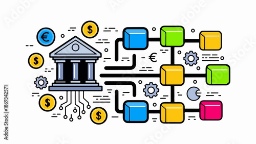 Conceptual diagram of a financial network connecting a bank to a decentralized system
