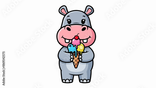 Cute cartoon hippo happily holding a colorful ice cream cone with three scoops