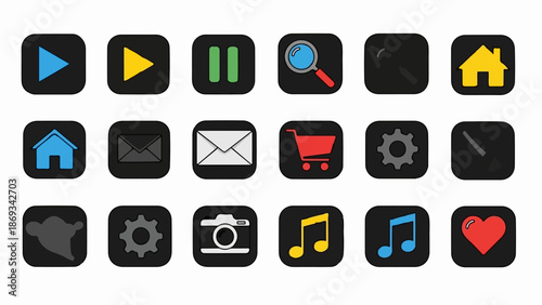 Colorful icons for various functions play, pause, search, home, mail, cart, gear, camera, music, and heart