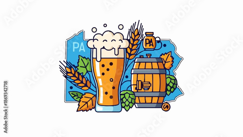 Colorful illustration celebrating beer production with a state outline, a frothy glass, a barrel, and brewing ingredients