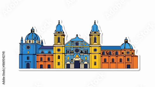 Colorful illustration of a grand cathedral with blue domes and yellow and orange facades