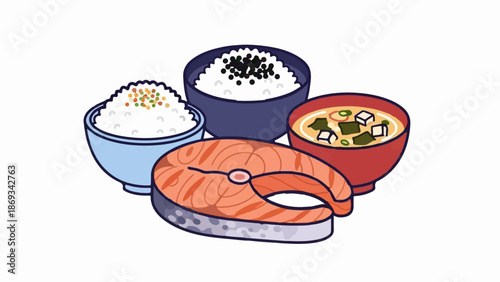 Colorful illustration of a salmon steak with rice and soup